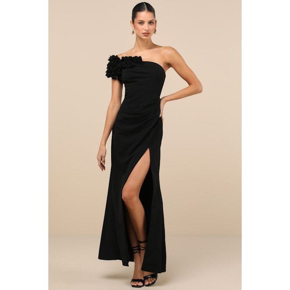 Lulus Beyond Elegant Black 3d Floral One-shoulder Maxi Dress - Size M
